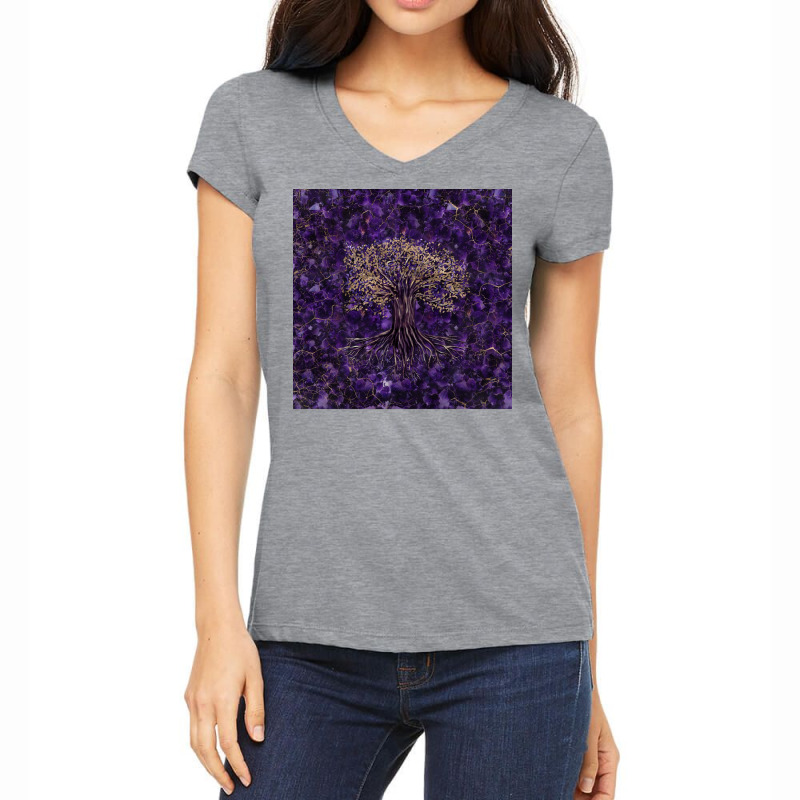 Tree Of Life Yggdrasil Amethyst And Gold  Aesthetic Yellow Women's V-Neck T-Shirt by dobeksubichz | Artistshot