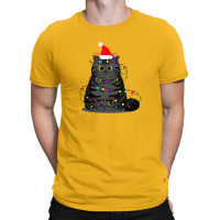 Funny Christmas Cat With Fairy Lights And A Christmas Hat T-shirt | Artistshot