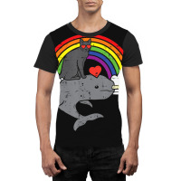 Limited Edition Black Cat Riding Narwhale Rainbow Heart Valentines Day Graphic T-shirt | Artistshot