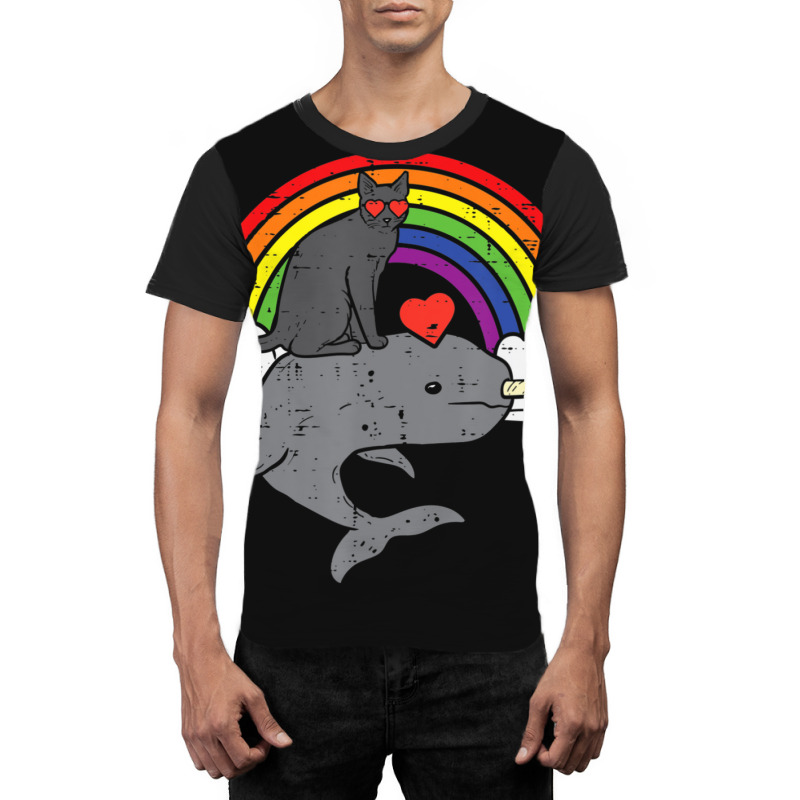 Limited Edition Black Cat Riding Narwhale Rainbow Heart Valentines Day Graphic T-shirt by Estrada Link | Artistshot