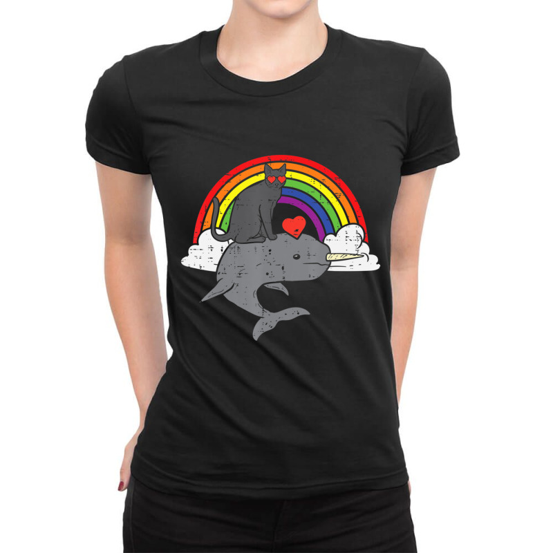 Limited Edition Black Cat Riding Narwhale Rainbow Heart Valentines Day Ladies Fitted T-Shirt by Estrada Link | Artistshot