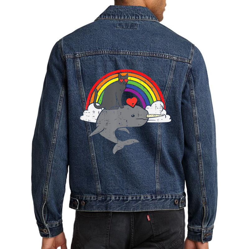 Limited Edition Black Cat Riding Narwhale Rainbow Heart Valentines Day Men Denim Jacket by Estrada Link | Artistshot