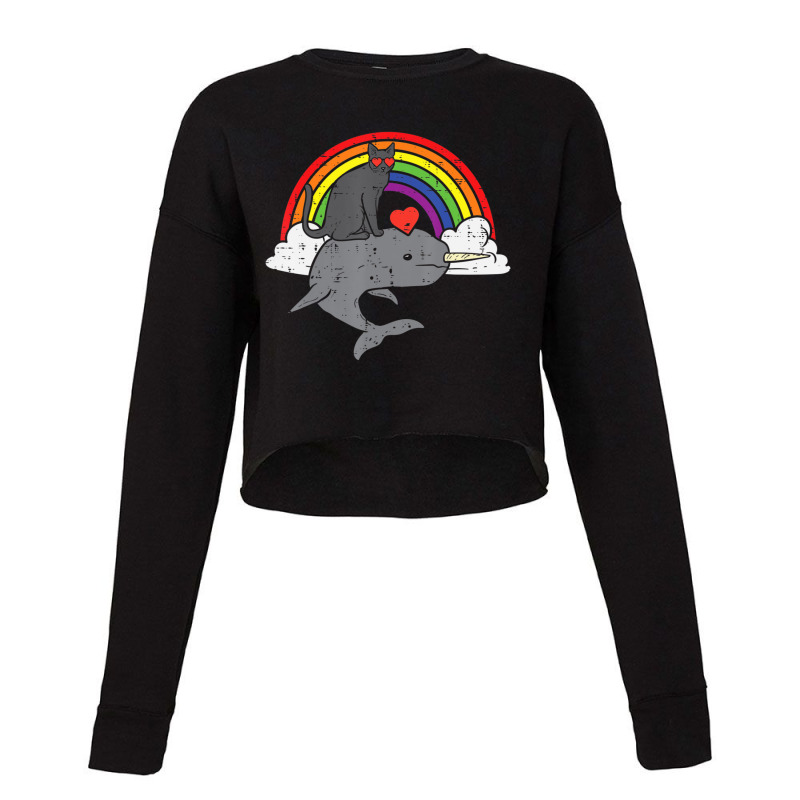 Limited Edition Black Cat Riding Narwhale Rainbow Heart Valentines Day Cropped Sweater by Estrada Link | Artistshot