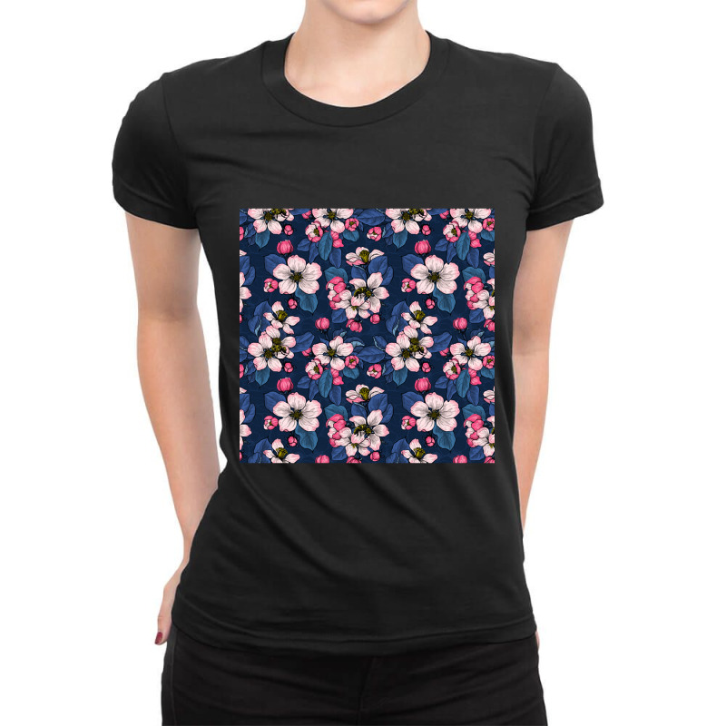 Apple Blossom On Dark Blue Ladies Fitted T-Shirt by dealgummy642 | Artistshot