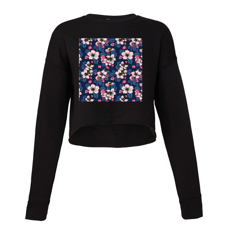 Apple Blossom On Dark Blue Cropped Sweater by dealgummy642 | Artistshot