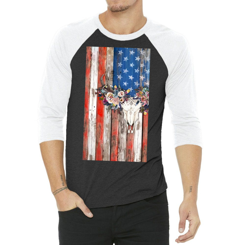 American Flag Aztec Bull Skull Cowgirl Rodeo Boho Girl 3/4 Sleeve Shirt by mysofiazo | Artistshot