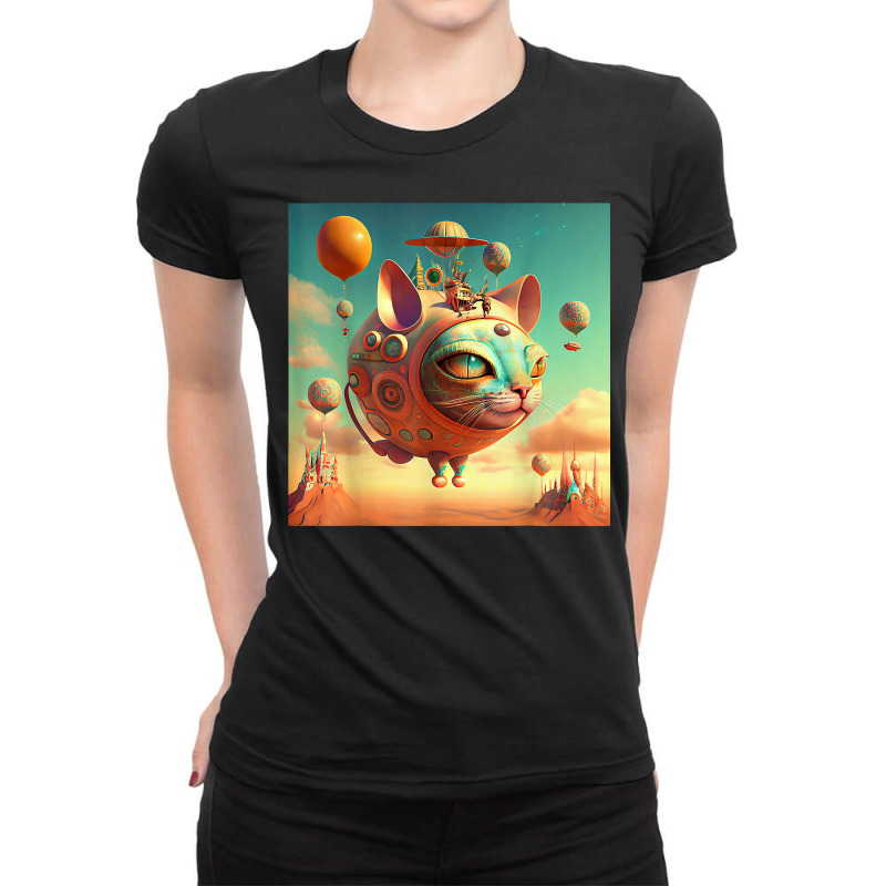 Surreal Magic Metaphysic Cat With Hot Air Balloon T Shirt Ladies Fitted T-Shirt by barrydygertkkx | Artistshot