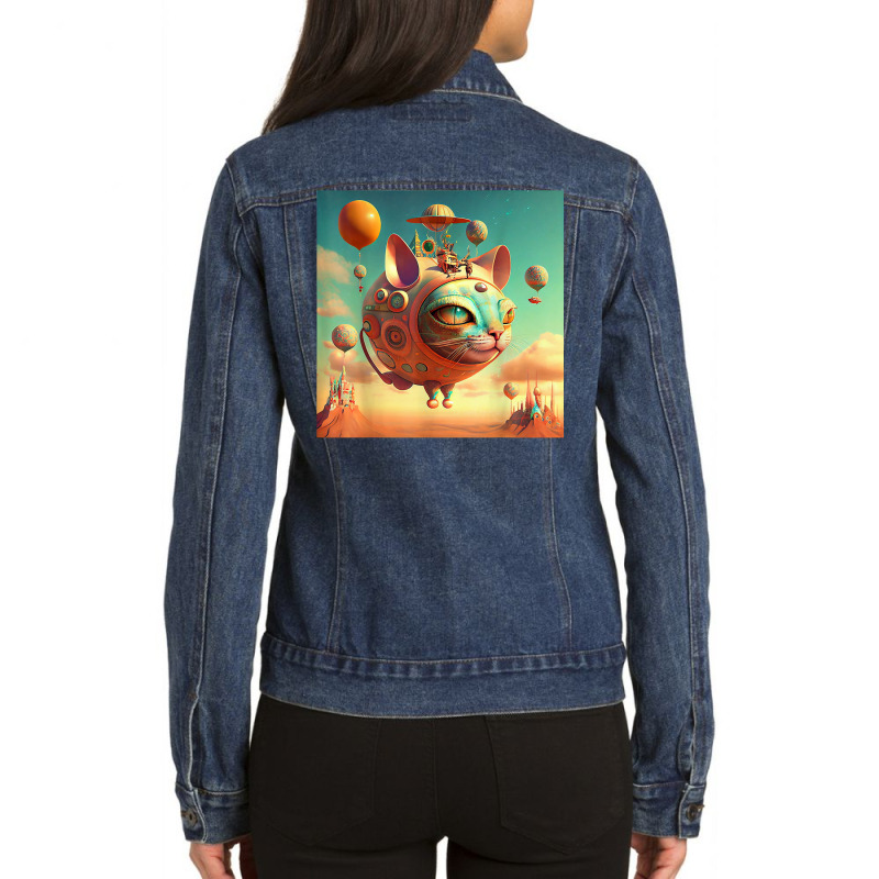 Surreal Magic Metaphysic Cat With Hot Air Balloon T Shirt Ladies Denim Jacket by barrydygertkkx | Artistshot