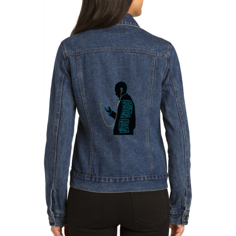 A Man With Earphone Silhouette Contra Costa California Ladies Denim Jacket by cissouOrshi | Artistshot