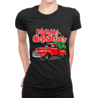 Funny Vintage Merry Christmas Tree Red Wagon Truck Outfit Long Sleeve Ladies Fitted T-shirt | Artistshot