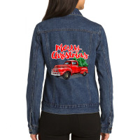 Funny Vintage Merry Christmas Tree Red Wagon Truck Outfit Long Sleeve Ladies Denim Jacket | Artistshot