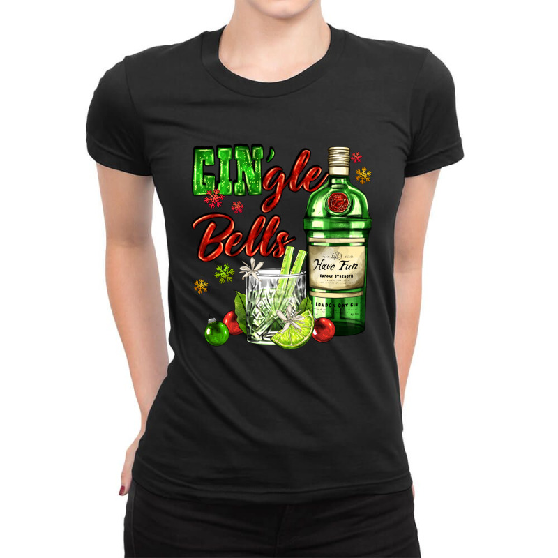 Gin`gle Bells With Bottle And Cocktail Ladies Fitted T-Shirt by AdoDesignShop | Artistshot