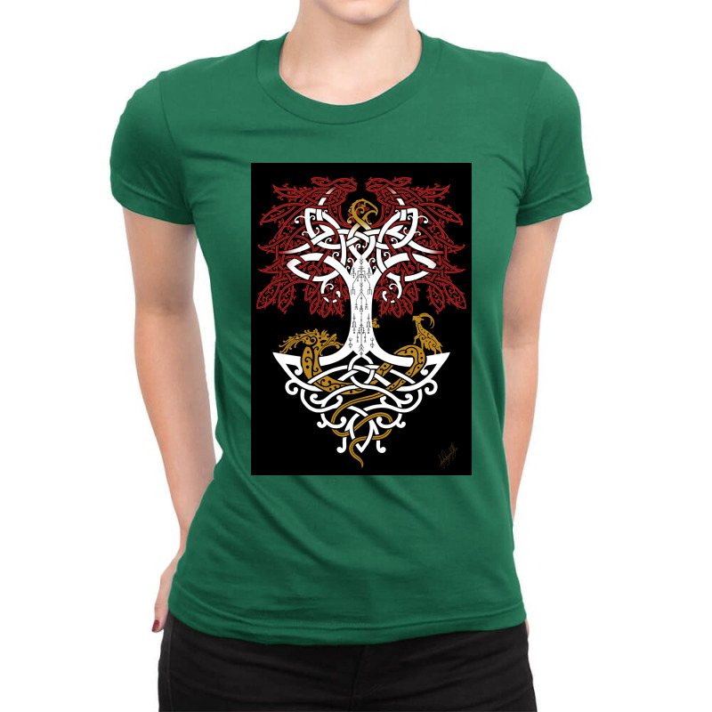 Yggdrasil And Creatures Norse Mythology Knotwork Coloured  Trending Co Ladies Fitted T-Shirt by andomabinq | Artistshot