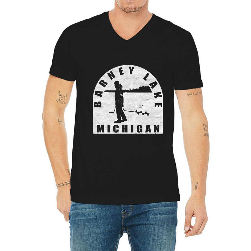 Barney Lake Ice Fishing Michigan V-Neck Tee by fencingderby989 | Artistshot