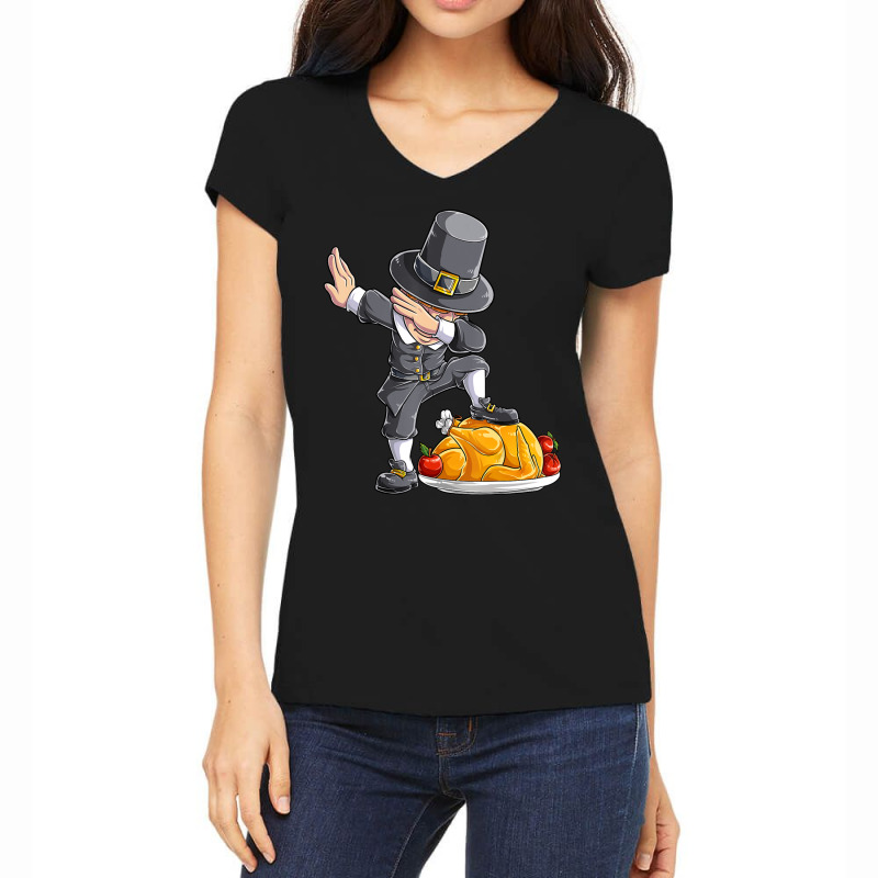 Limited Edition Dabbing Pilgrim Boy Turkey Thanksgiving Day Men Dab Women's V-Neck T-Shirt by Trudeau Palmer | Artistshot