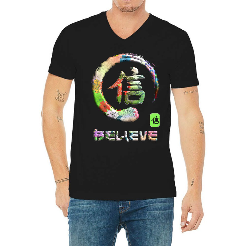 Believe Japanese Kanji Word Symbol Enso Circle 10 V-neck Tee | Artistshot