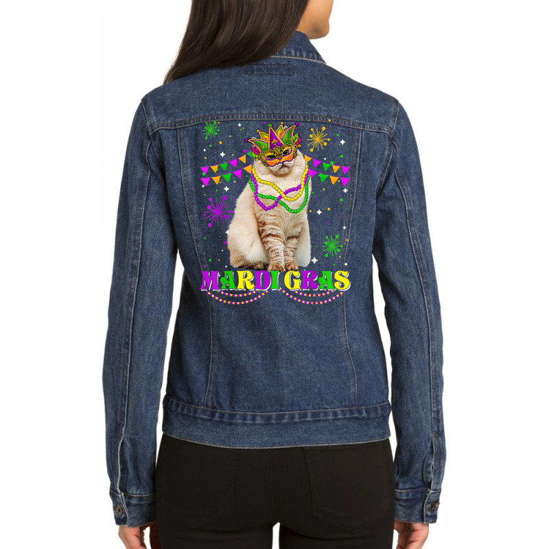 Cute Mardi Gras Cat Siberian Mask Beads Festival T Shirt Ladies Denim Jacket by darrene68stu | Artistshot