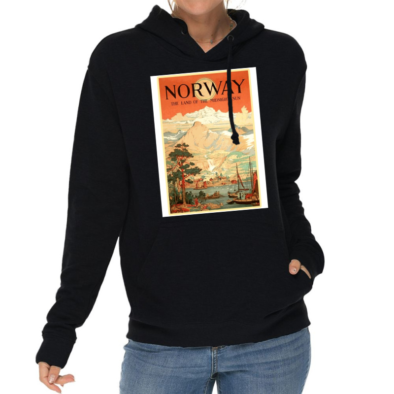 Norway The Land Of The Midnight Sun Vintage Travel  Design  Red Nature Lightweight Hoodie | Artistshot