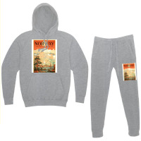 Norway The Land Of The Midnight Sun Vintage Travel  Design  Red Nature Hoodie & Jogger Set | Artistshot