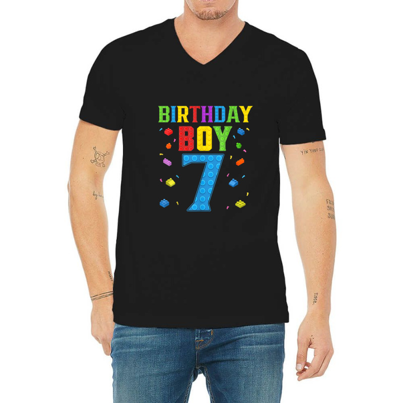 Cute 7th Birthday Gift 7 Years Old Block Building Boys Kids V-neck Tee | Artistshot