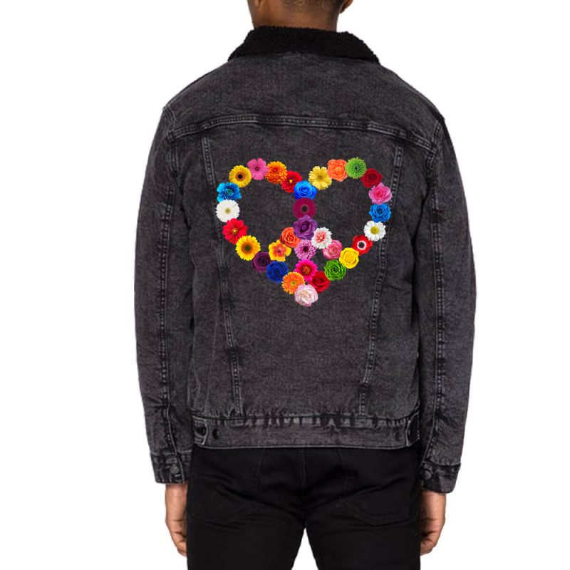 Limited Edition Peace Sign Heart Flowers Valentine's Day Love Floral Unisex Sherpa-Lined Denim Jacket by Kristina Ritchey | Artistshot