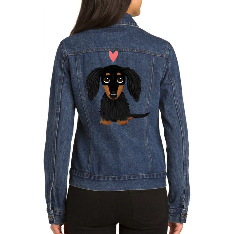 Black And Tan Longhaired Dachshund Cartoon Dog With Heart Ladies Denim Jacket by alhudasadigd | Artistshot