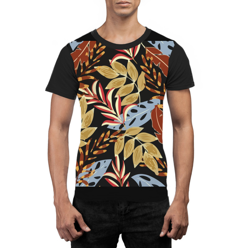 Trend Tropical Pattern With Bright Blue Red Plants Leaves 1 Graphic T-shirt | Artistshot