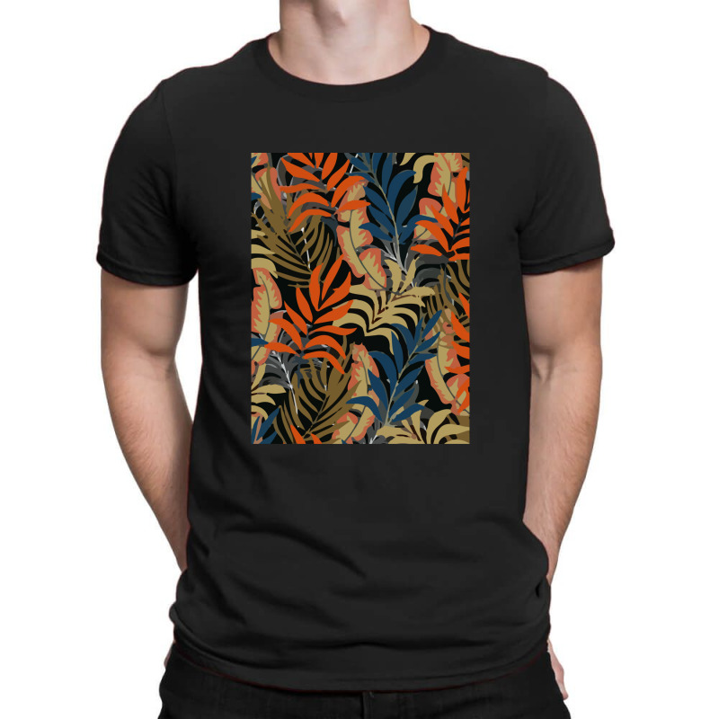 Trend Tropical Pattern With Bright Orange Blue Plants Leaves T-shirt | Artistshot