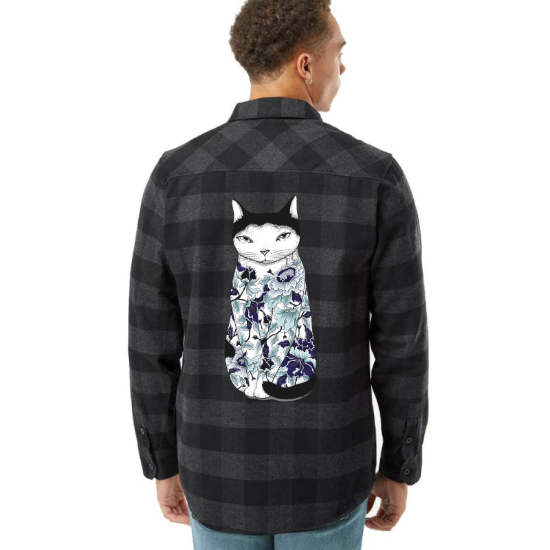 Cat In Blue Peony Tattoo Flannel Shirt | Artistshot