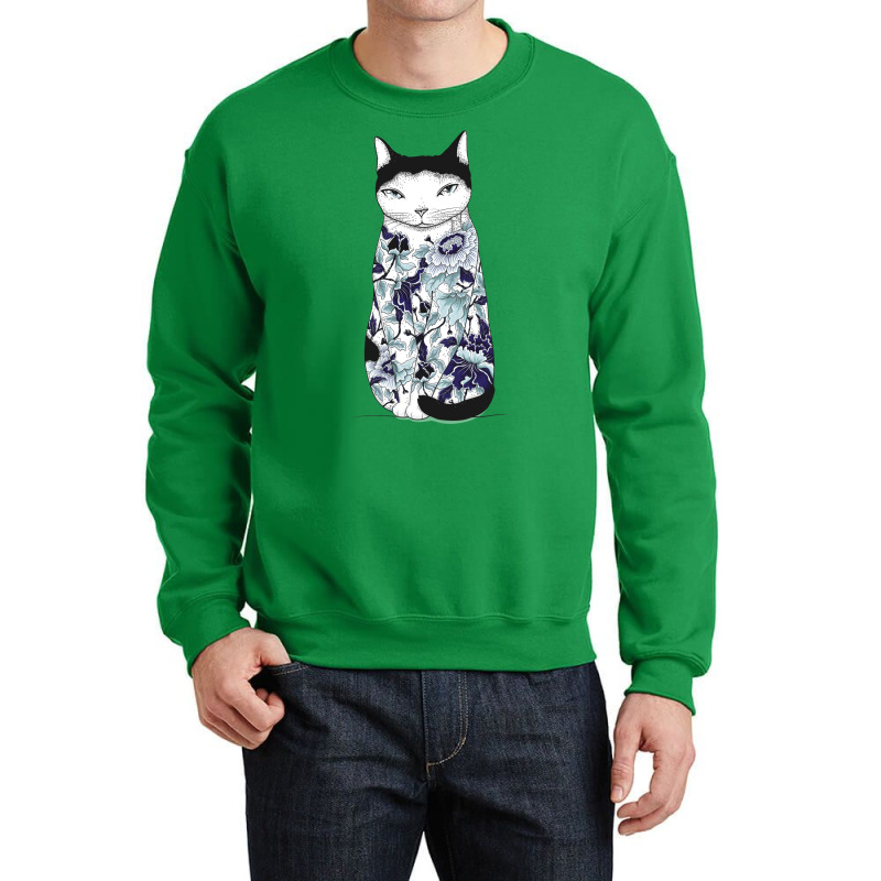 Cat In Blue Peony Tattoo Crewneck Sweatshirt | Artistshot