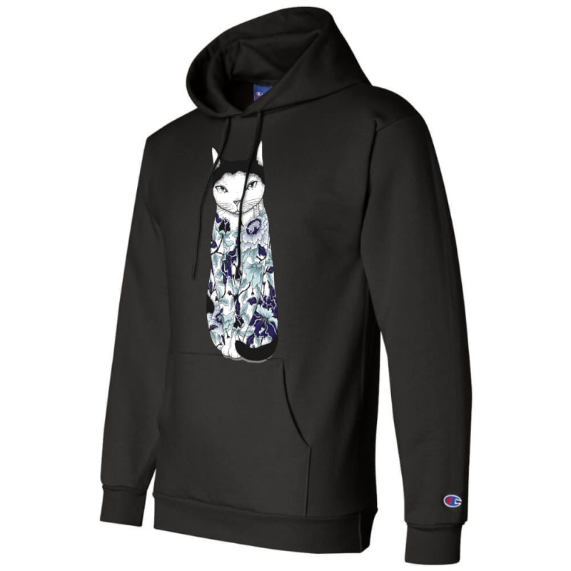 Cat In Blue Peony Tattoo Champion Hoodie | Artistshot