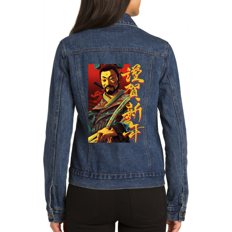 Samurai Warrior Japanese Letters Ladies Denim Jacket by apolitery | Artistshot