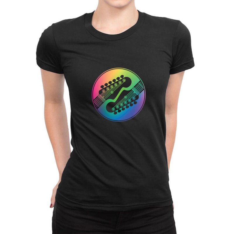 Electric Guitar Headstock Circle Colorful Gradient Theme Ladies Fitted T-Shirt by PatrickDougherty | Artistshot