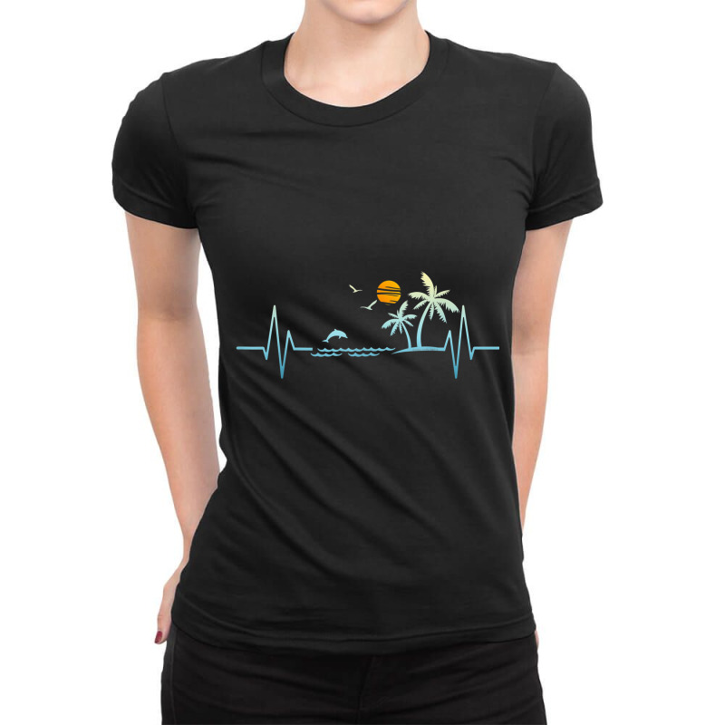 Heartbeat With Tropical Palm Trees Beach Island Sunset T Shirt Ladies Fitted T-Shirt by catotdmontis | Artistshot