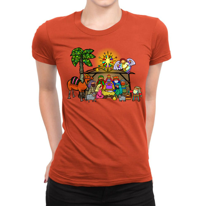 Cartoon Christmas Nativity Scene Ladies Fitted T-Shirt by reboriguitoup | Artistshot