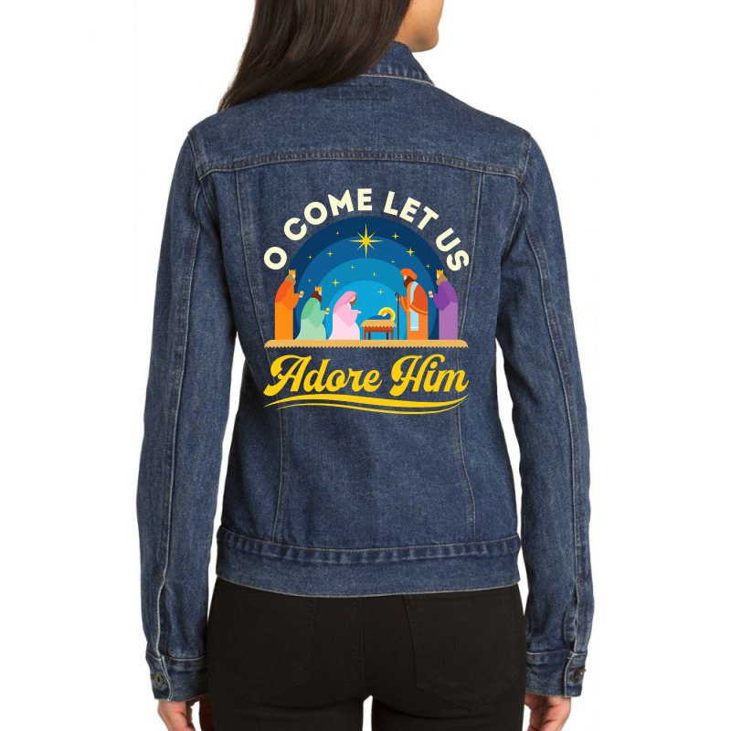 O Come Let Us Adore Him Christmas Nativity Jesus Christian Ladies Denim Jacket by JohnNichols89123 | Artistshot