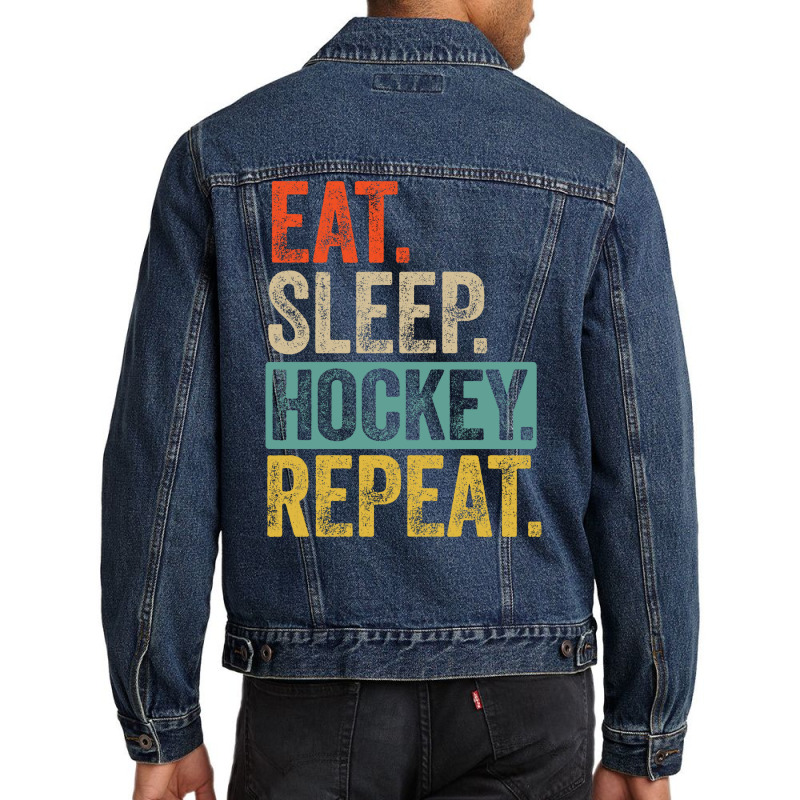 Eat Sleep Hockey Repeat Retro Vintage Gift Men Denim Jacket | Artistshot