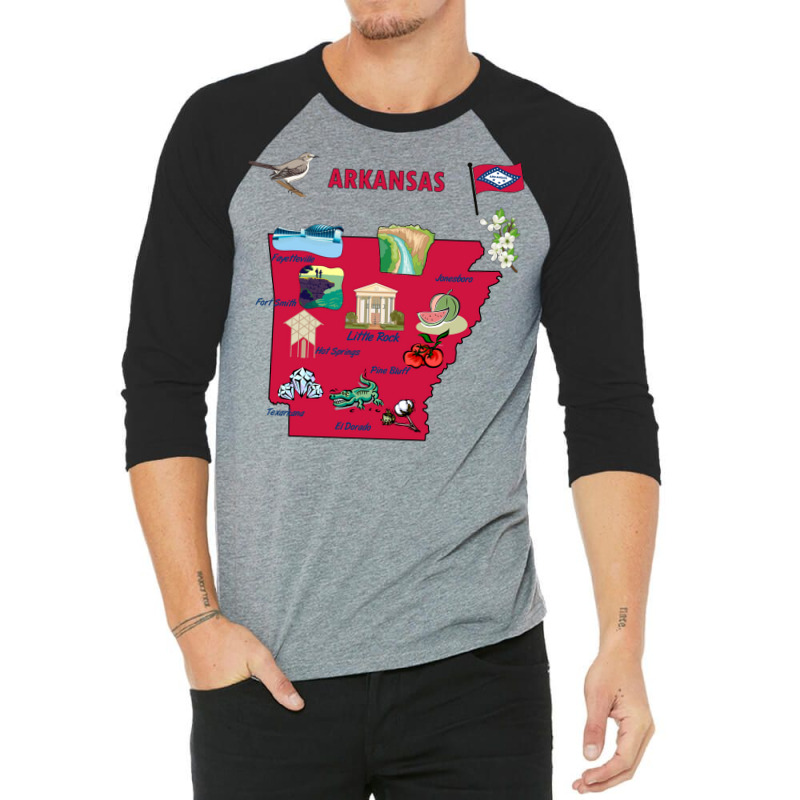 Tourist Attractions Map Of Arkansas State Usa Major Cities  Music 3/4 Sleeve Shirt | Artistshot