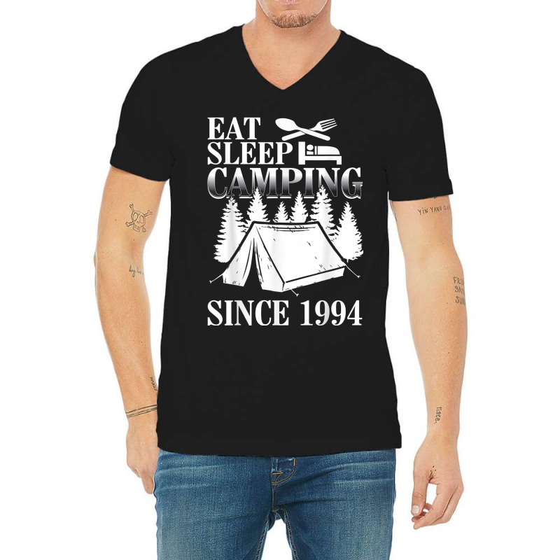 25th Birthday Eat Sleep Camping Camper V-Neck Tee by ALFREDMCGOWAN | Artistshot