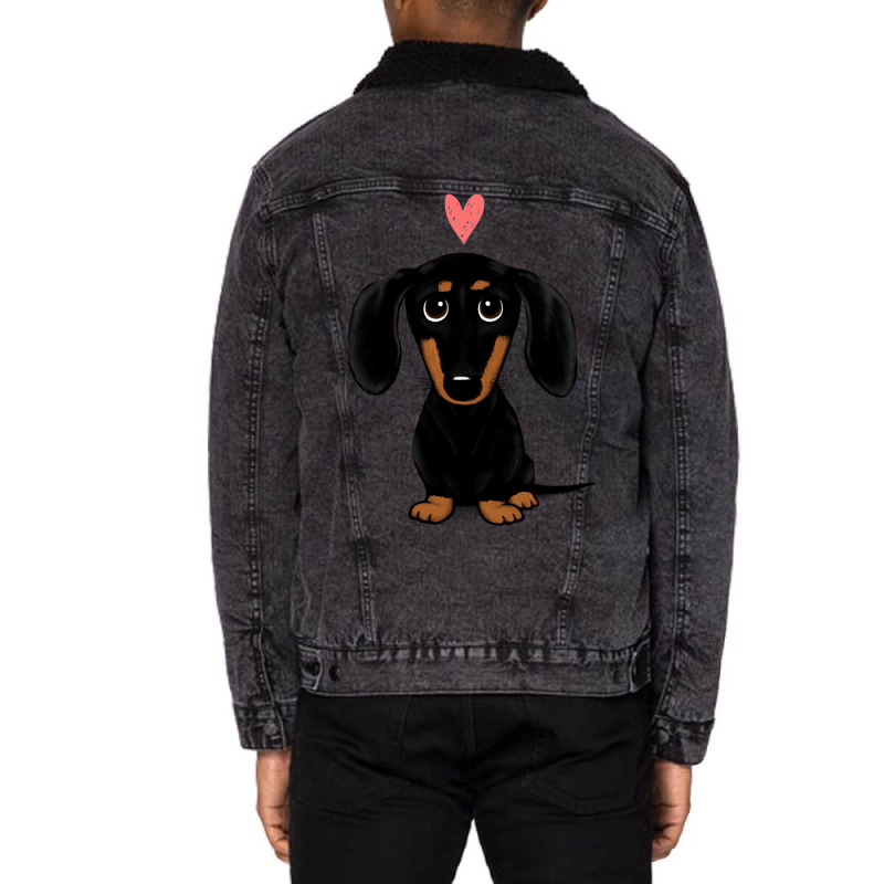 Black And Tan Dachshund With Heart  Cute Cartoon Wiener Dog Unisex Sherpa-Lined Denim Jacket by mamahyzador4 | Artistshot