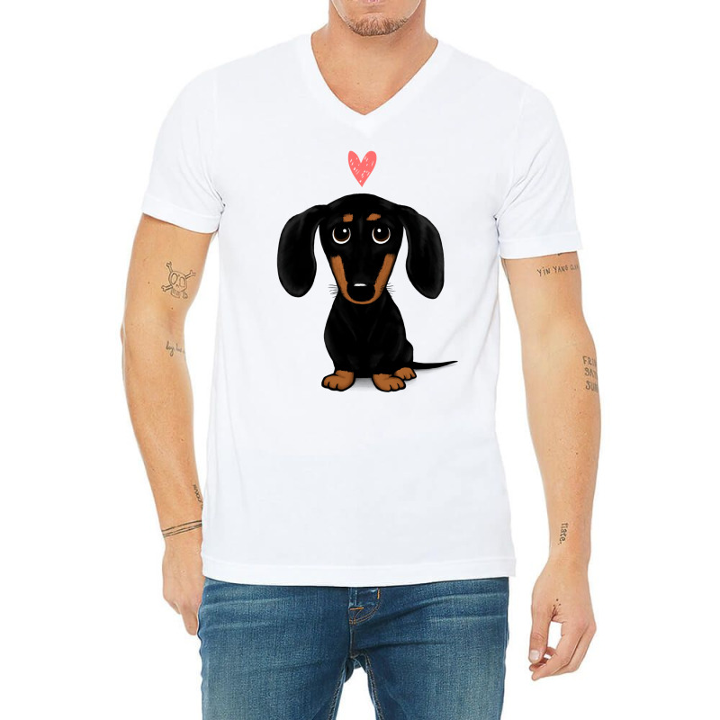 Black And Tan Dachshund With Heart  Cute Cartoon Wiener Dog V-Neck Tee by mamahyzador4 | Artistshot