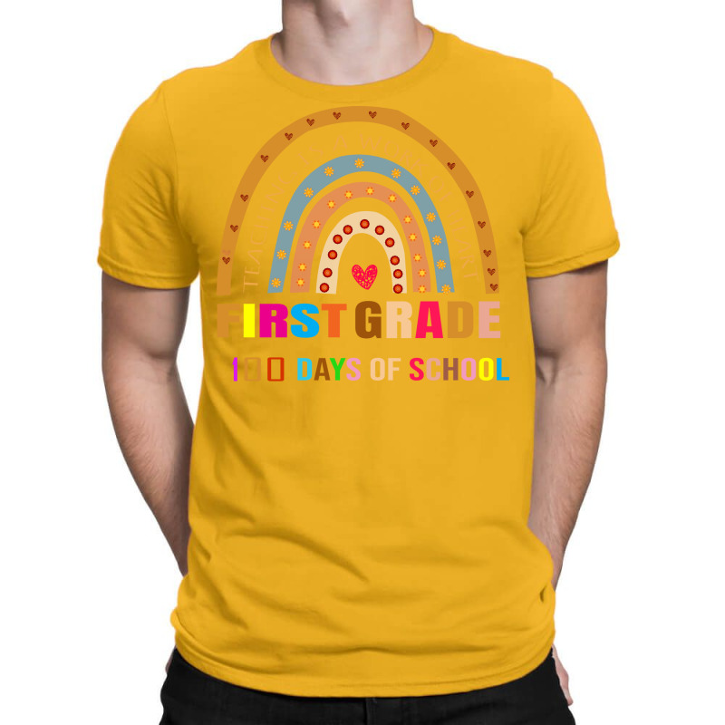 100 Days Of School First Grade Teacher Boho Rainbow Blue T-shirt | Artistshot