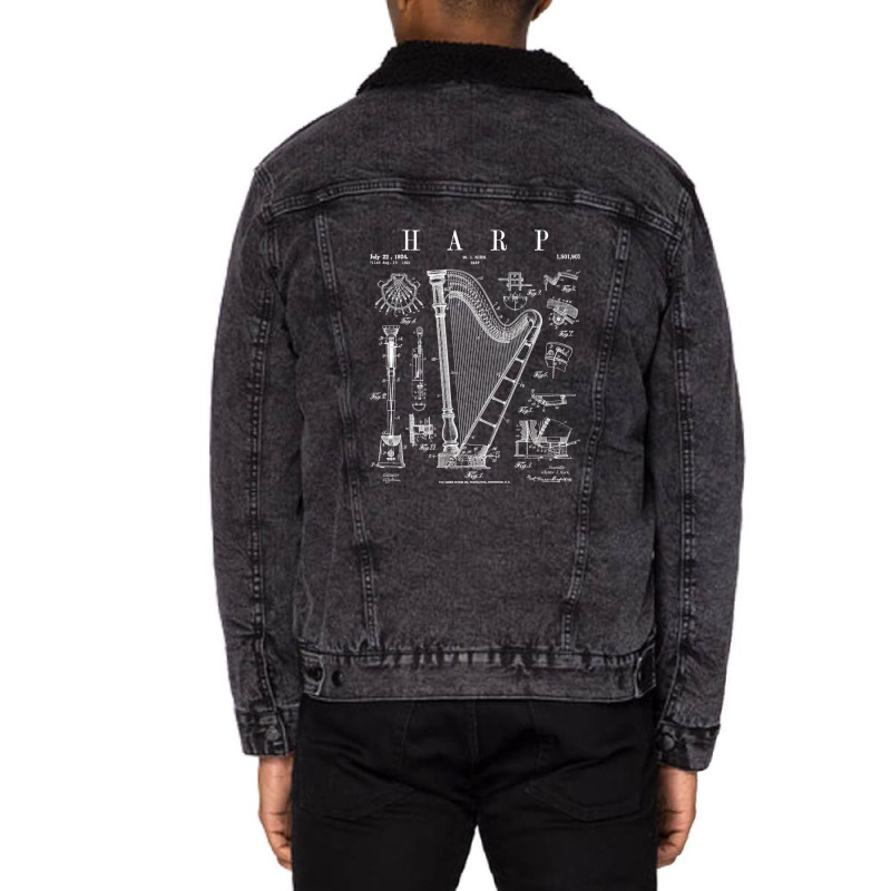 Harp Vintage Patent Harpist Drawing Print .png Unisex Sherpa-lined Denim Jacket | Artistshot