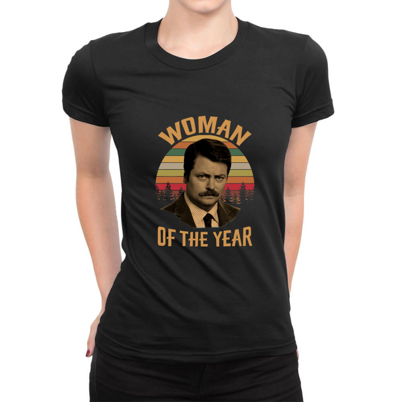 Woman Of The Year Vintage Retro Ron Swanson Parks And Recreation Ladies Fitted T-Shirt by ChristineErevelles | Artistshot