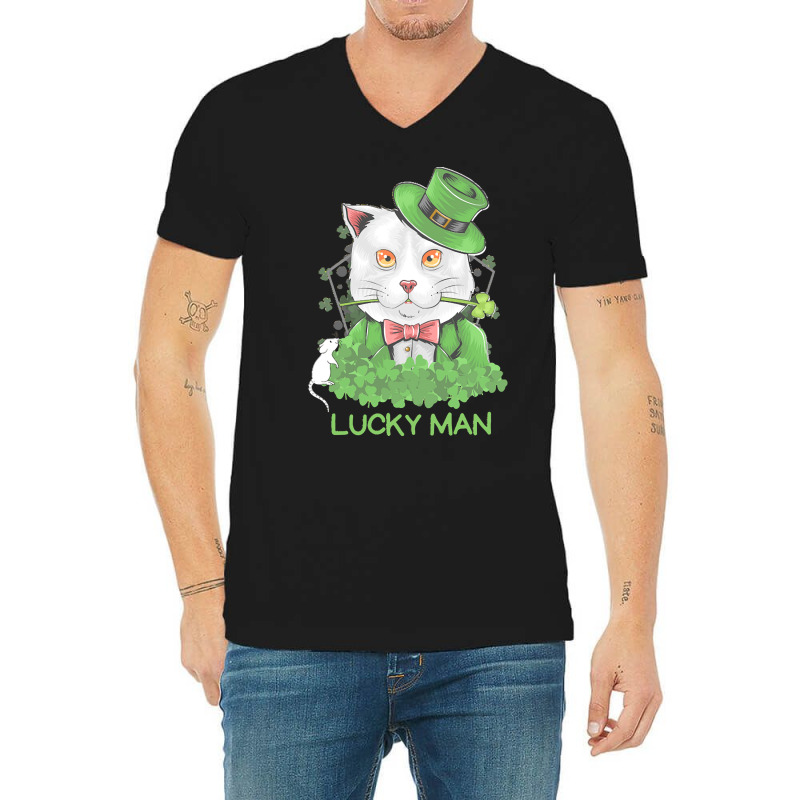 Lucky Man T  Shirt Lucky Man Funny White Cat And White Mouse St. Patri V-neck Tee | Artistshot