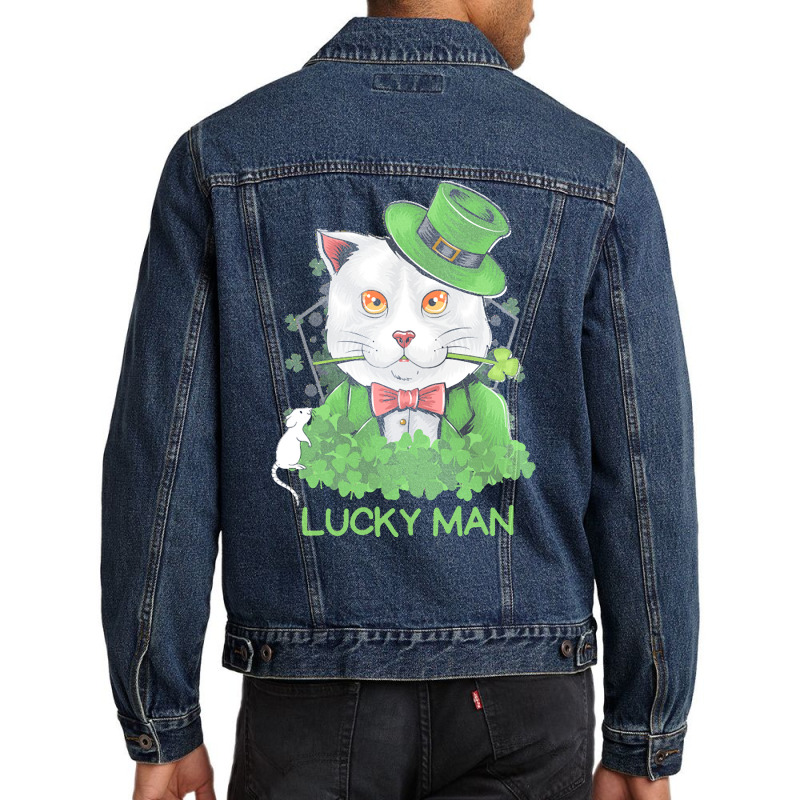 Lucky Man T  Shirt Lucky Man Funny White Cat And White Mouse St. Patri Men Denim Jacket | Artistshot