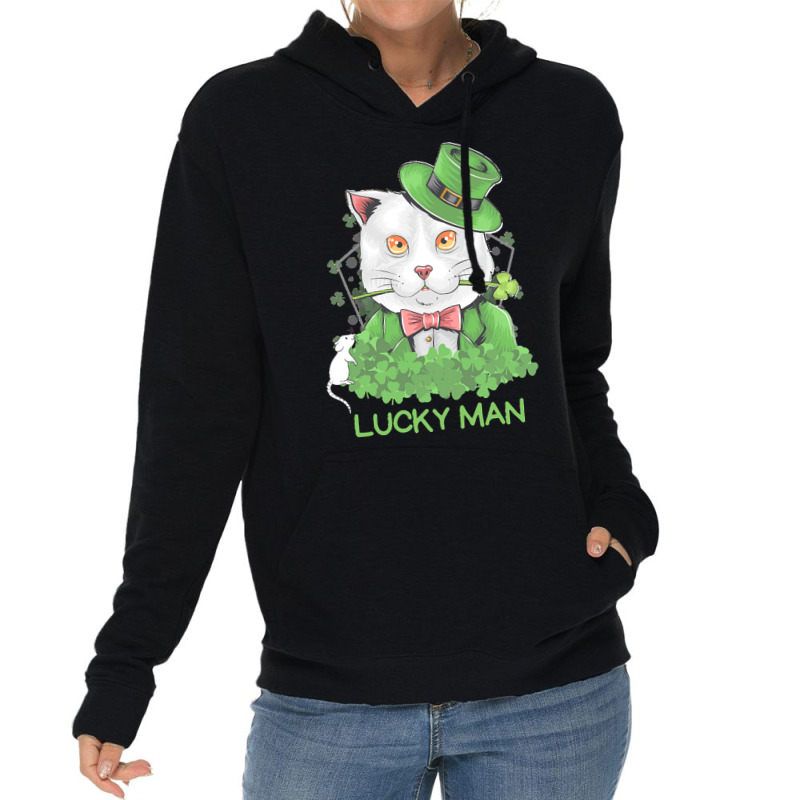 Lucky Man T  Shirt Lucky Man Funny White Cat And White Mouse St. Patri Lightweight Hoodie | Artistshot