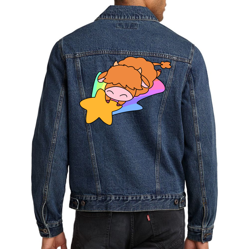 Rainbow Shooting Star Highland Cow Men Denim Jacket | Artistshot