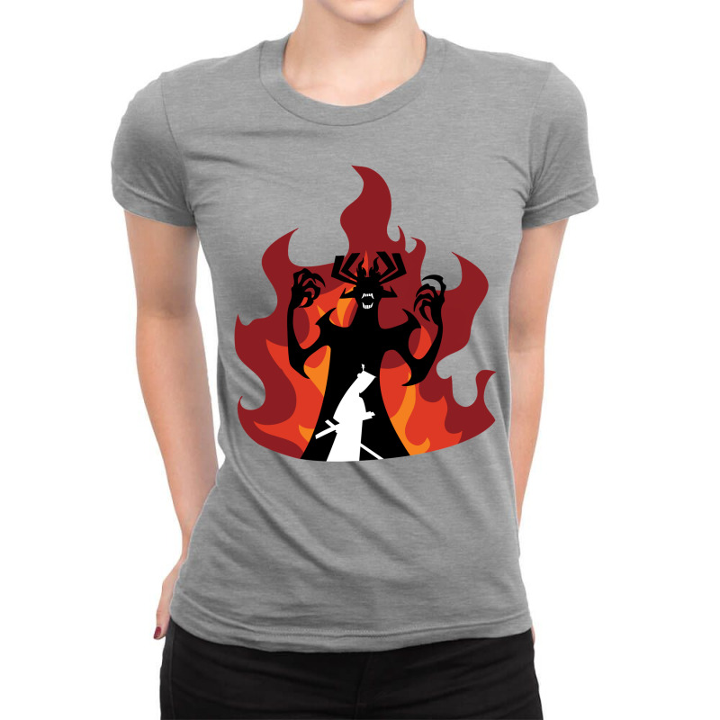 Samurai Jack™ Vs Aku Final Battle Ladies Fitted T-Shirt by memererhart1 | Artistshot