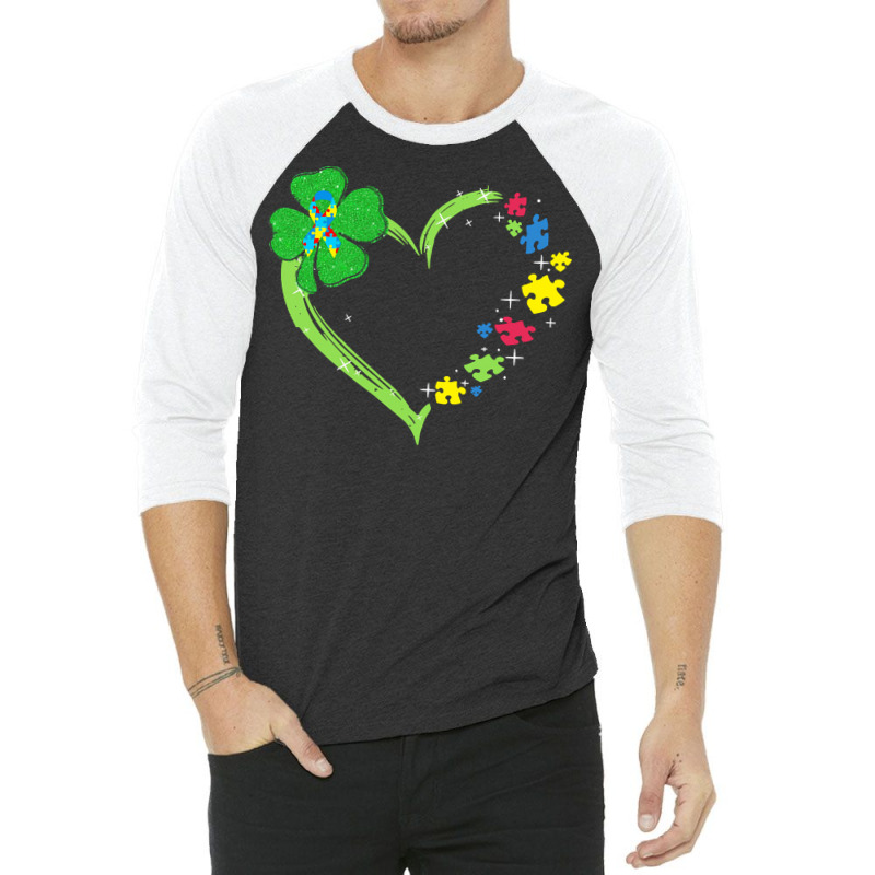 St Patricks Day Autism Awareness Heart T  Shirt Funny Autism St Patric 3/4 Sleeve Shirt | Artistshot